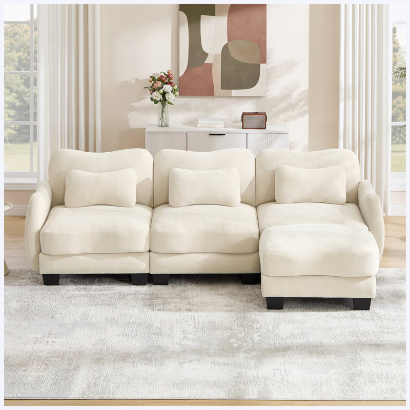 Canapé en L Chenille avec repose-pieds mobile, canapé modulaire surdimensionné à 3 places avec 3 coussins de taille, conception ergonomique, facile à assembler, beige