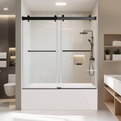 60"W x 60"H Sliding Bathtub Shower Door, 3/8" (10mm) Tempered Glass, Stainless Steel Track, Smooth Glide, Adjustable 4" Range, Left/Right Installation