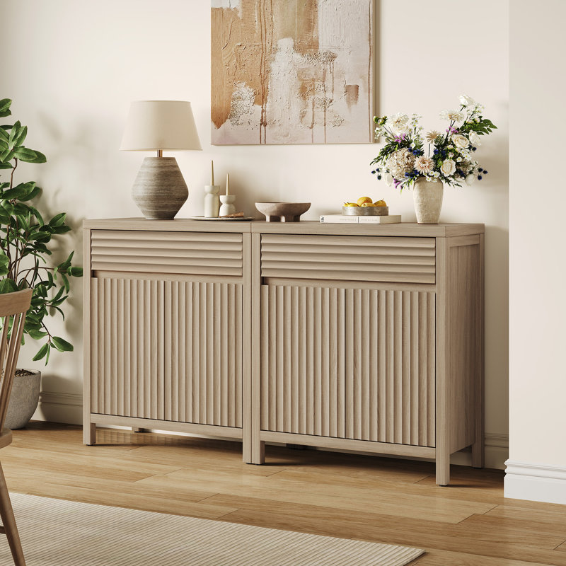 Armoire buffet moderne à cannelures élégantes 29,1 po avec 1 tiroir et 2 tablettes réglables, Beige grès, Individual
