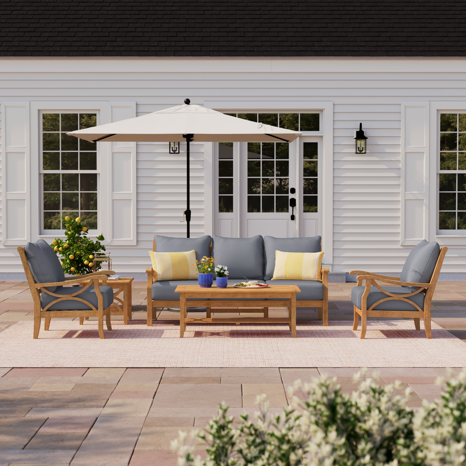 Brunswick 5 Piece Teak Sofa Seating Group with Cushions , Gray Performance Olefin, Brown