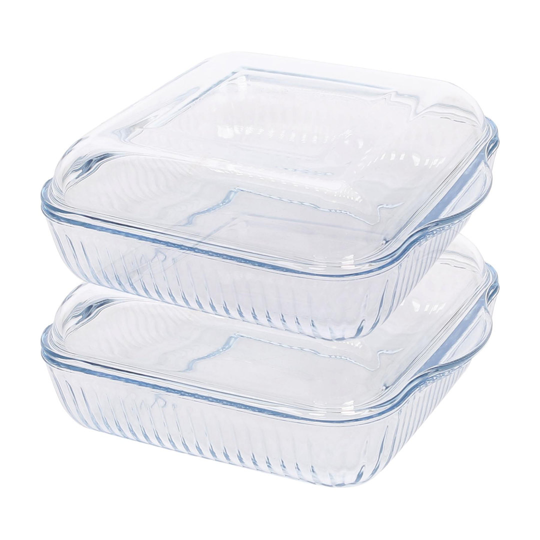 Argon Tableware - Optical Square Glass Oven Dishes with Lid - 24cm x 21cm - Set of 2
