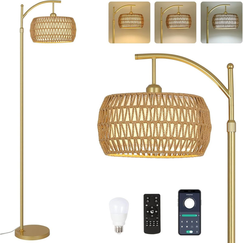 Lampadaire arqué à 3 températures de couleur, lampadaire DEL doré avec télécommande et ampoule à intensité variable, lampadaire bohème avec abat-jour en rotin et tissu, lampadaire haut de style ferme pour salon ou chambre