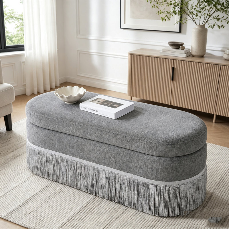 Repose-pieds ovale rembourré avec rangement, repose-pieds multifonctionnel et rangement caché, Gris