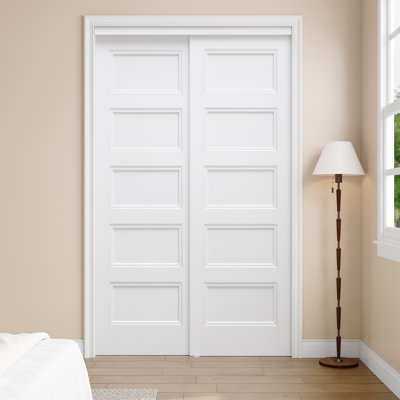 Porte coulissante à panneau creux apprêté blanc 80 H 80 po avec cadre en bois manufacturé et rail de guidage