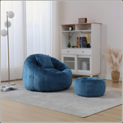 Modern Bean Bag Chairs, Comfy Round Chair For Adults With Ottoman, Leisure Single Sofa Reading Chair With Pillow For Living Room, Bedroom, Apartment