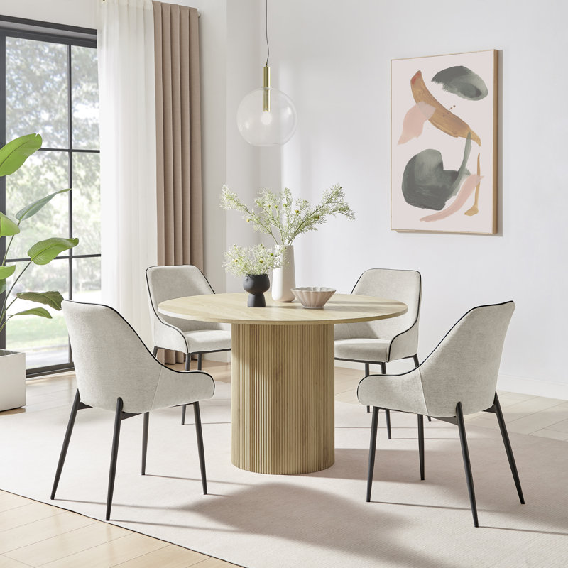 Penny Pillar Round Dining Table Set With 4 Luxury Fabric Dining Chairs - Scratch Resistant Top, Cream, Oak