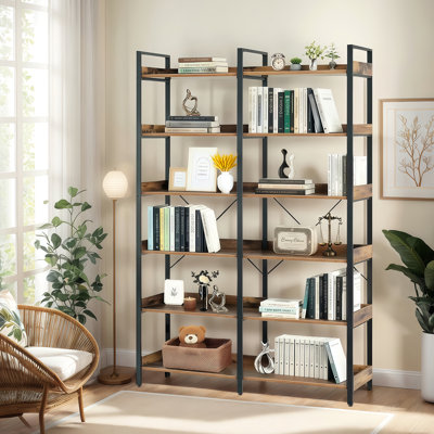 67" 6 Freestanding Metal Frame Bookshelf With Open Shelves, For Bedroom, Living Room, Office - Brown And Black, Edge Guards, Long Lifespan Shelf Bookcase Frame, Storage Black Design, Easy To Maintain