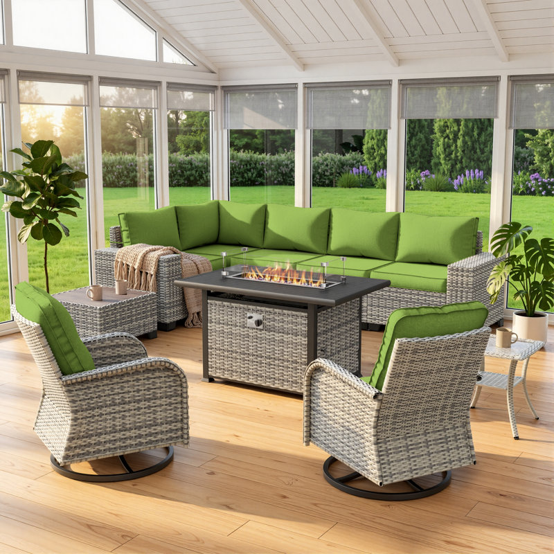 10-Piece Outdoor Patio Sectional Conversation Set With Fire Pit Table And Swivel Rocker Chairs, Lime Green