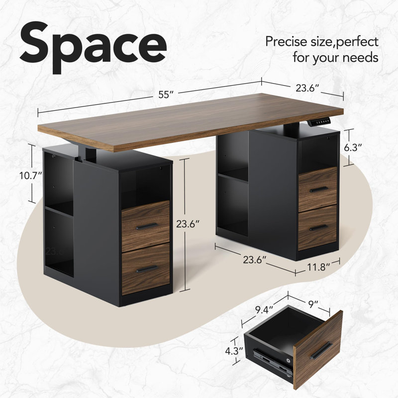 Bureau debout électrique 55 po avec tiroirs, bureau de direction réglable en hauteur avec rangement, poste de travail d'ordinateur pour bureau à domicile, noyer noir