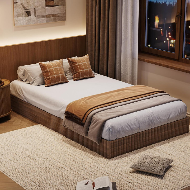 Structure de lit en bois, lit plateforme en bois avec design cannelé, structure de lit simple TG avec support d'étude, assemblage facile, aucun sommier tapissier, silencieux, noyer