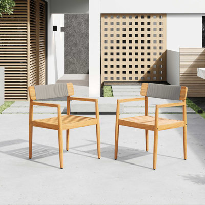 Creative Braided Acacia Wood Outdoor Dining Table And Chairs With Armrests, Suitable For Outdoor Dining And Leisure Places,Set Of 2