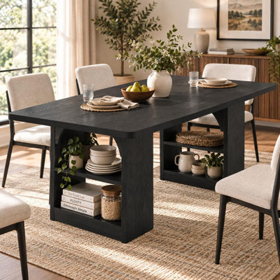 70'' Kitchen Table with Storage Shelf, Farmhouse Dining Table A Storage Shelf On Each Side For Holding Common Dining Utensils, Suitable For Dining Roo