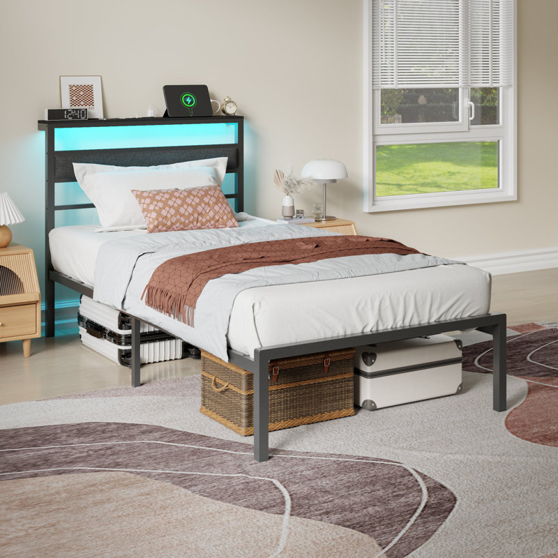 Twin Metal Bed Frame with LED Lights & Charging Station, Upholstered Headboard, Ample Storage, No Box Spring Required, Twin