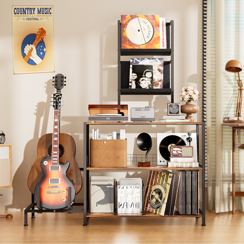 Vinyl Record Player Stand With Guitar Stand, Record Player Table With Rgb Led Light, Record Player Cabinet With Vinyl Storage Holds Up To 300+ Albums, Vinyl Player Stand For Home Use