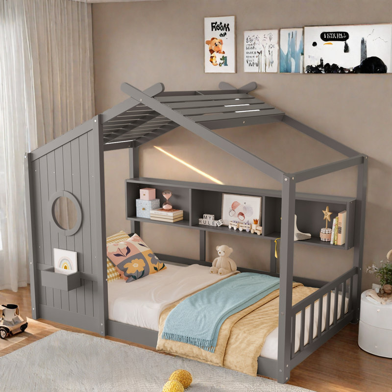 Lit sur pied avec tablette de rangement, Gris, Simple