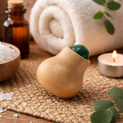 Rouleau de massage naturel en bois avec pierre de jade verte