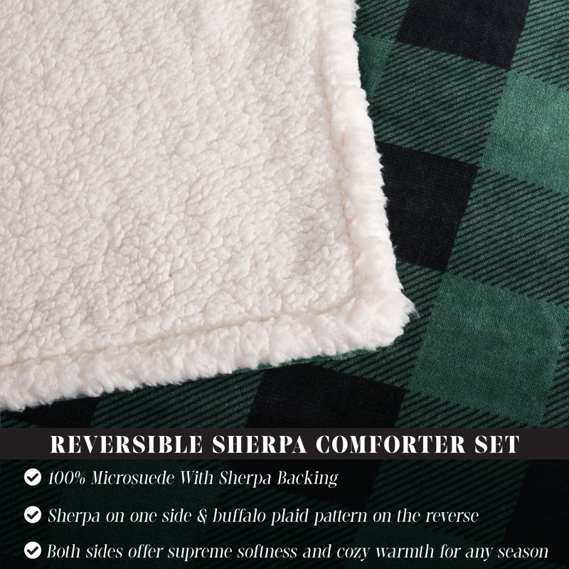 Ensemble d'édredon réversible en duvet synthétique et microsuède 3 pièces, Édredon simple + 2 taies décoratives, Vert