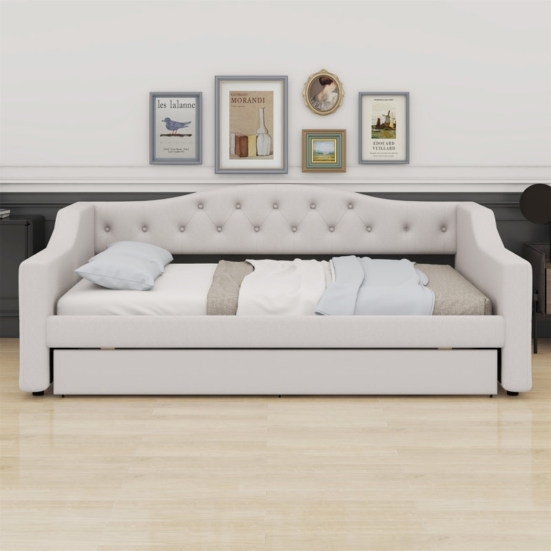 Lit de jour rembourré avec ceinture DEL et lit gigogne, Beige