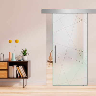 Porte de grange coulissante en verre sans cadre avec design moderne givré + ensemble de quincaillerie (semi-privée)
