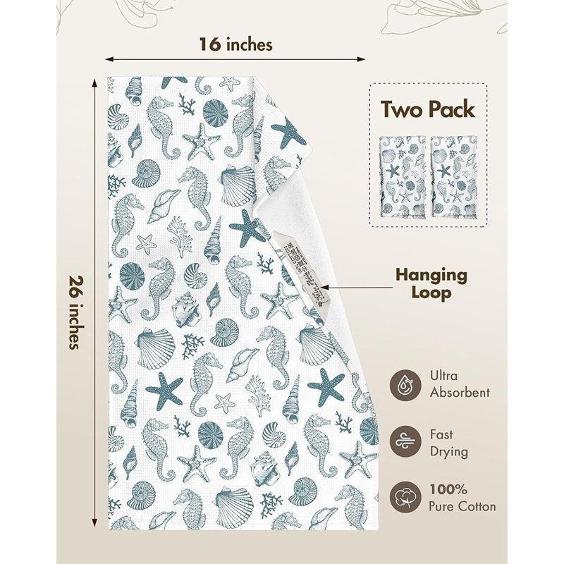 Ensemble de 2 serviettes de cuisine gaufrées en coton avec boucle suspendue, torchons absorbants, conception nautique côtière, cadeau de pendaison de crémaillère