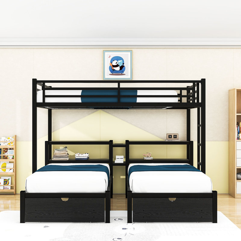 Full XL Over Twin And Twin L-Shaped Metal Bunk Bed With Built-In USB Outlets And Drawers