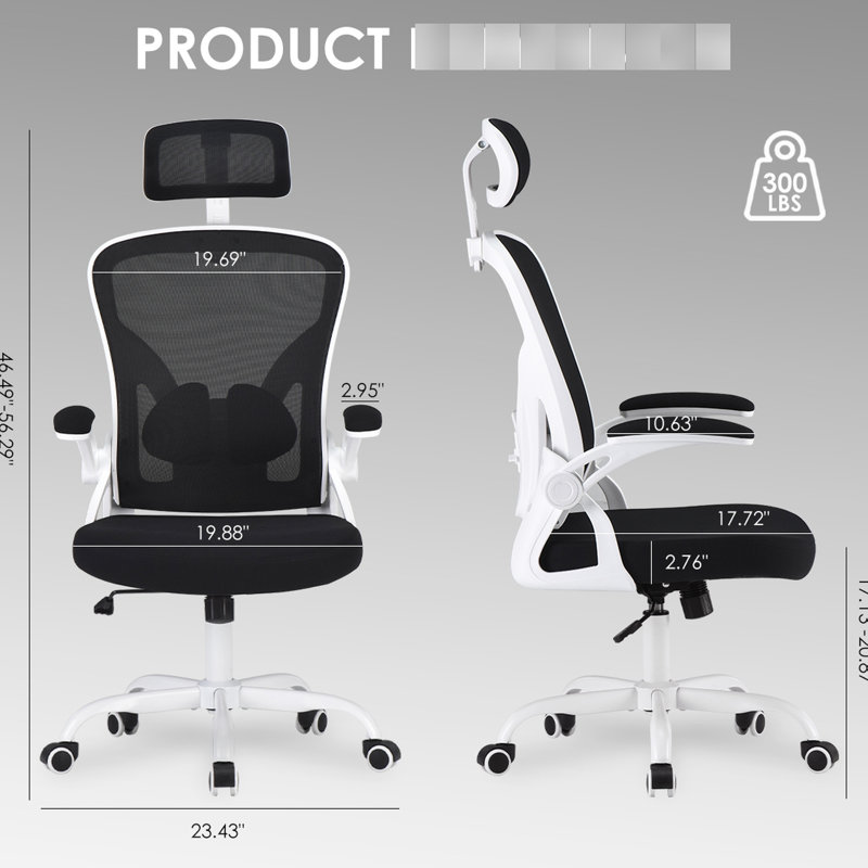 Fauteuil de bureau ergonomique en filet avec support lombaire pour le travail à domicile, blanc et noir, bureau à bascule relaxant, dossier haut, dossier lombaire réglable, filet de nylon, peu encombrant