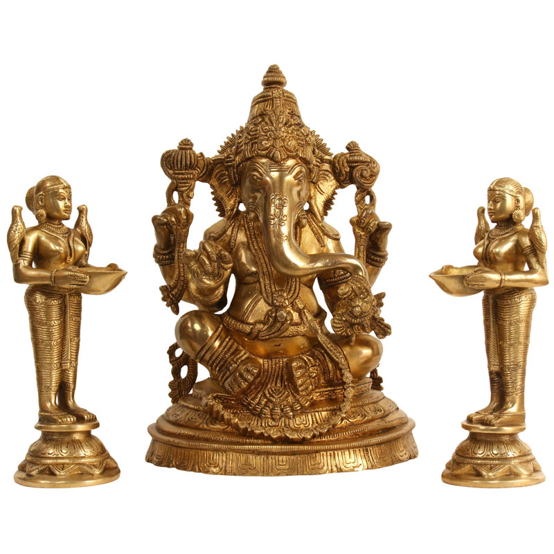 Ensemble de statue en laiton fabriqué à la main 3 pièces Ganesha et Deeplakshmi - Ensemble spirituel traditionnel indien avec déesses de la lumière du soir pour la décoration du temple