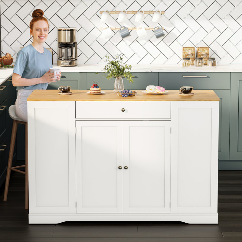 53" Mobile Kitchen Island Cart, Kitchen Storage Islands With Trash Can Cabinet, Spice Rack, Towel Bar & Drawers, Rolling Storage Island For Kitchen, Dining Room & Pantry, White