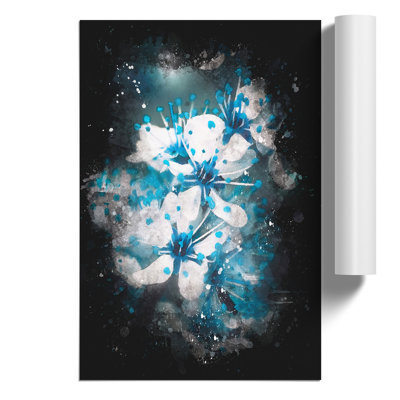 Blue Cherry Tree Flowers Paint Splash - Frameless Print