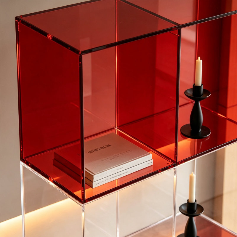 Bibliothèque en acrylique rouge à plusieurs niveaux, H 64,96 po x l 27,56 po x P 11,81 po
