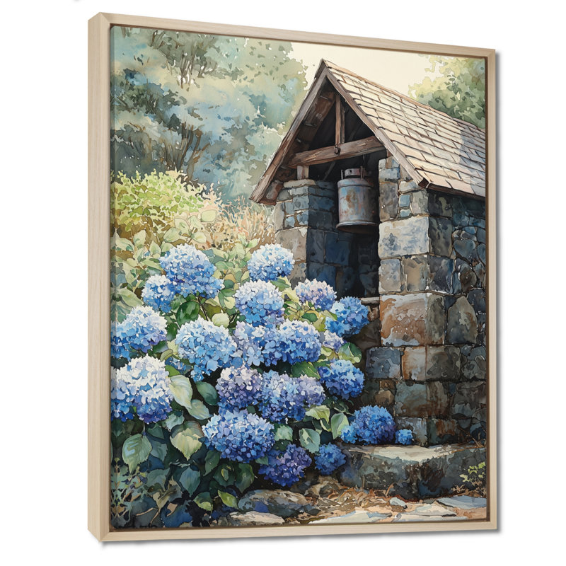«Hydrangeas By The Farm Well II - Hydrangea», art mural, H 44 po x l 34 po, Reproduction avec cadre flottant, Crème, crème