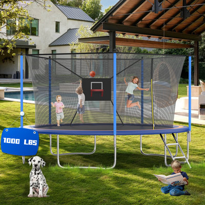 14FT Tranpoline for Kids with Safety Enclosure Net Recreational Tranpoline for Adults ASTM Approval Backyard Outdoor Tranpoline with Basketball Hoop