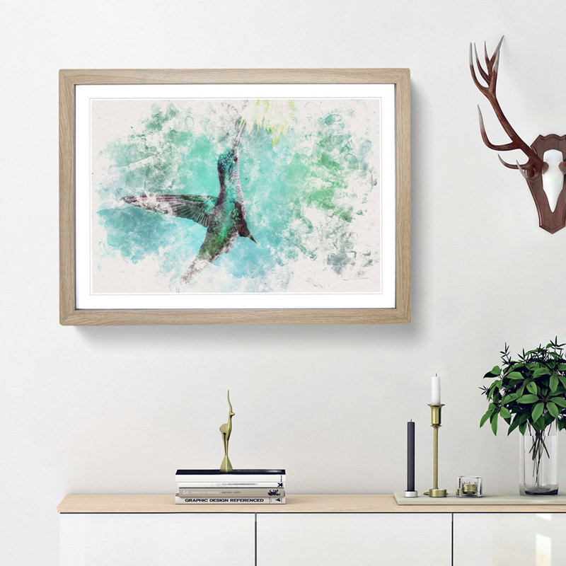 Green Hummingbird - Picture Frame Painting Print, 45cm H x 63cm W x 2cm D, Oak Framed