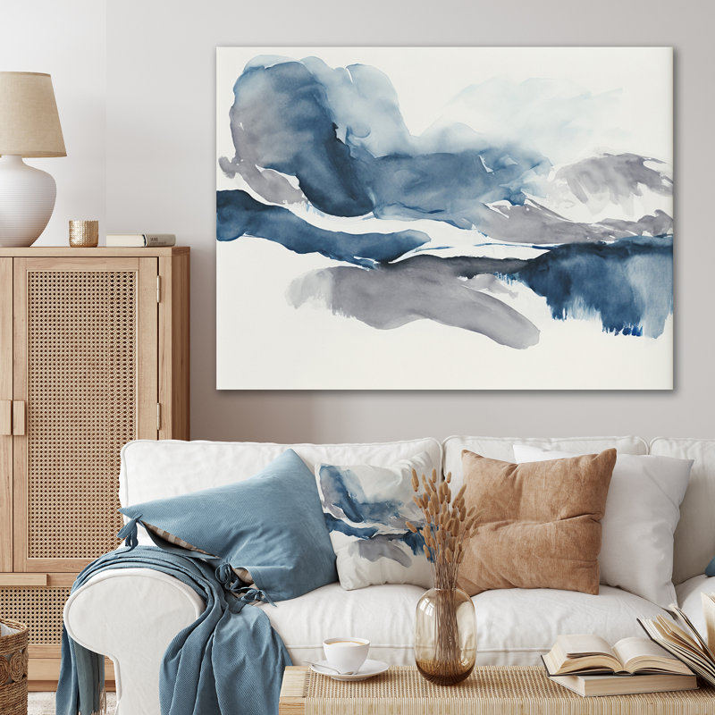 À travers les nuages bleus saphir I - décoration murale abstraite à l'encre liquide en métal, H 12 po x l 20 po