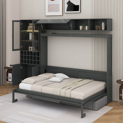 Full Size Murphy Bed Wall Bed With Sofa，USB & Light