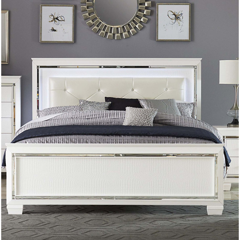Glamorous Design 1Pc Bed Button-Tufted LED Headboard Faux Alligator Embossed Textured Panels Bed