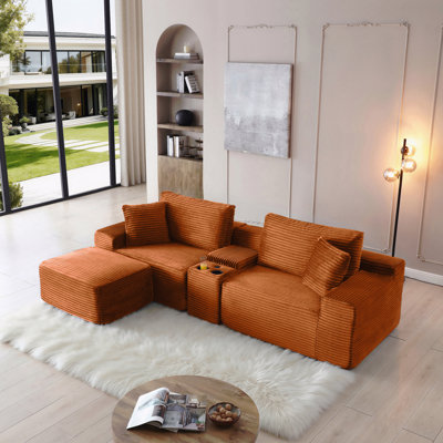 Canapé modulaire modulaire, canapé en nuage de velours côtelé à sièges profonds avec porte-gobelets, ports USB et boîte de rangement, canapé-lit, canapé sans dossier avec repose-pieds mobile pour le salon, aucun assemblage requis, orange