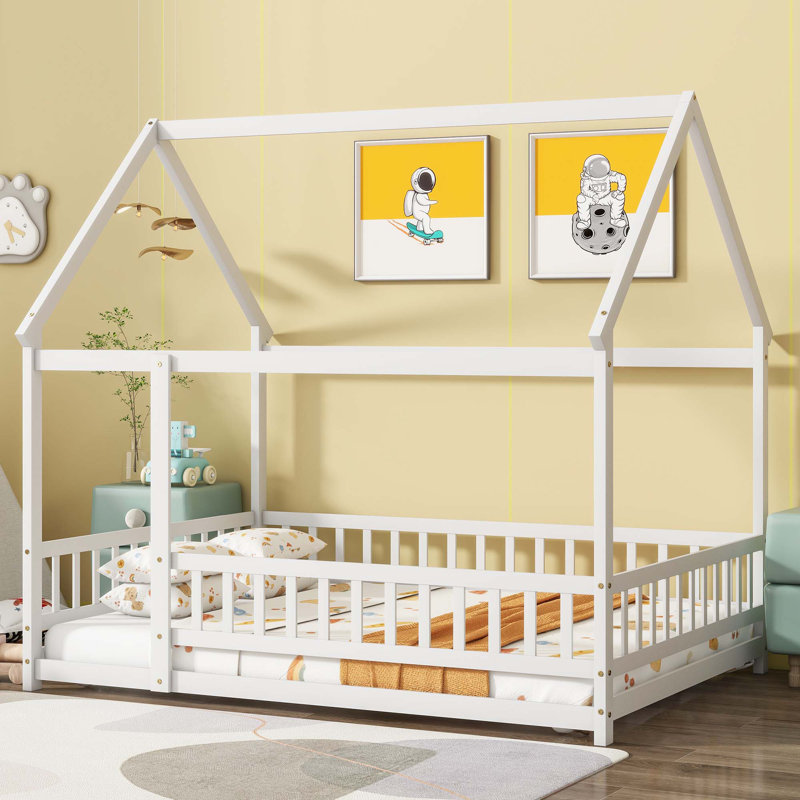 Lit en bois avec structure de toit, garde-corps de sécurité pour chambre à coucher, Double, Blanc