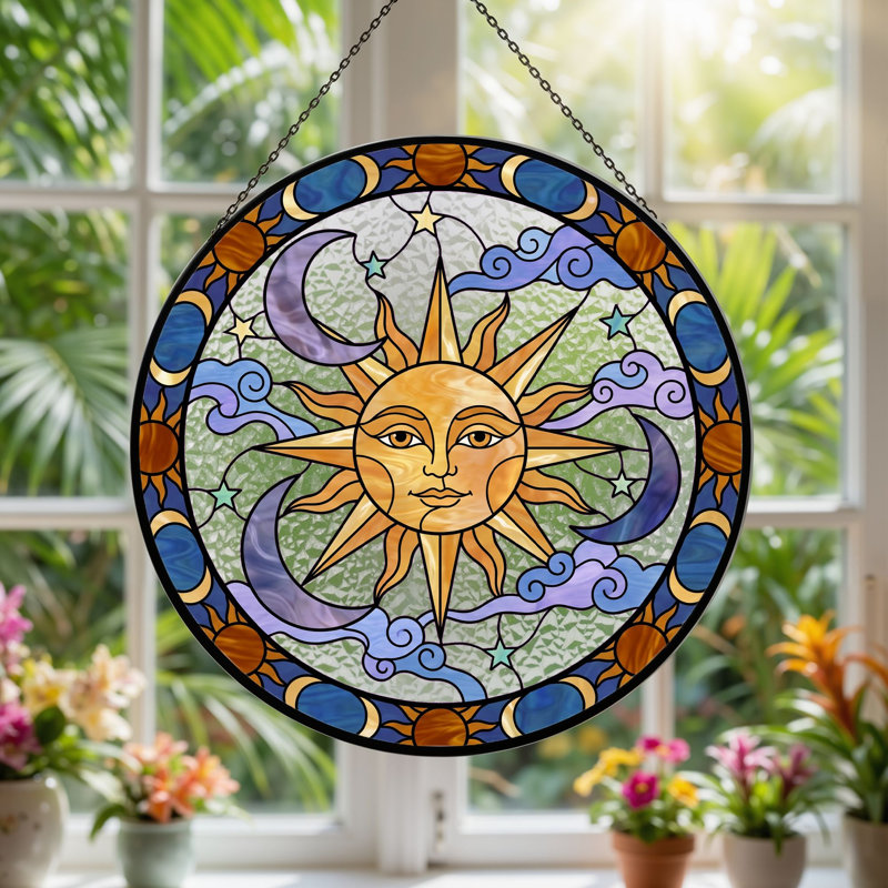 Panneau de vitrail Sun Moon ， 7,8H, H 7,8 po