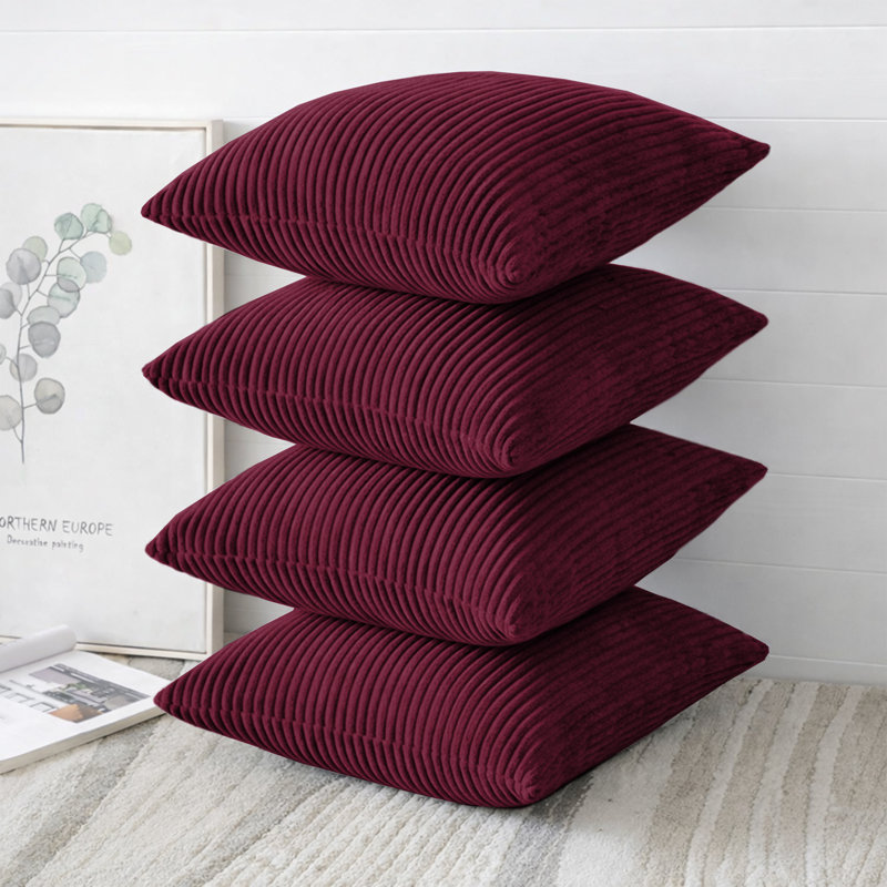 Striped Square Scatter Crushed Velvet Cushion Cover (Set of 4), Red
