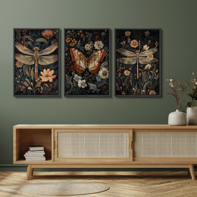 Vintage Insect and Floral Canvas Print Wall Art Set of 3 - Butterfly and Dragonfly Garden Decor for Nature-Inspired Interiors