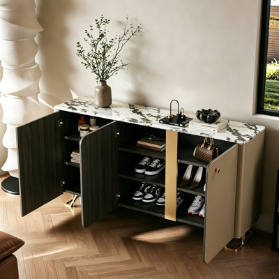 Range-chaussures de luxe à grande capacité avec plateau à café avec dessus en marbre moderne et placage de cuir de selle