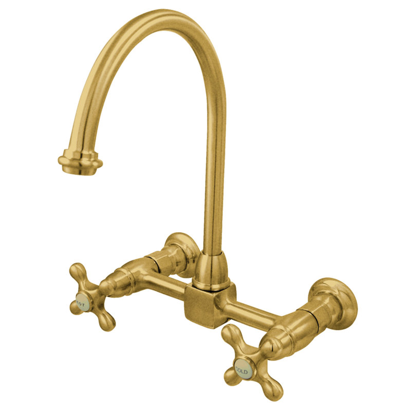 Kingston Brass Restoration Double-Handle 2-Hole Wall-Mount Bridge Kitchen Faucet, Polished Brass