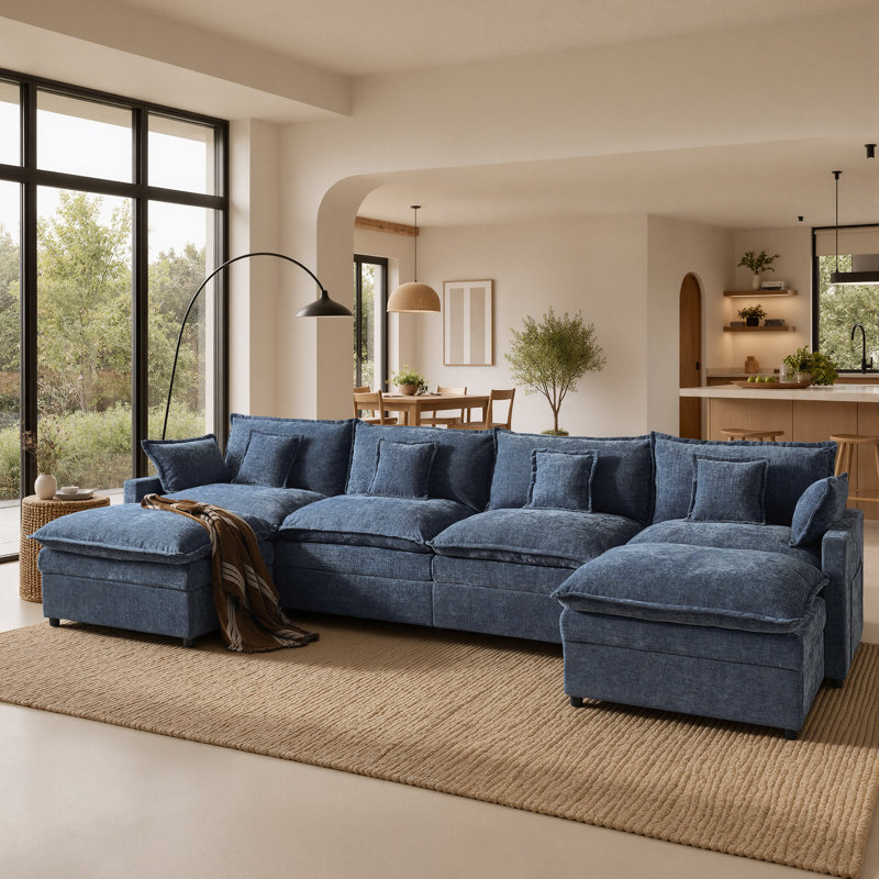 Canapé modulaire en chenille de 142 po avec repose-pieds et siège profond 142 po, Bleu