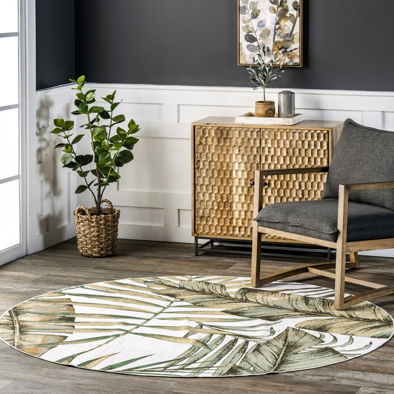 Elen SpinClean Machine Washable Natural Leaves Area Rug, Round 6'