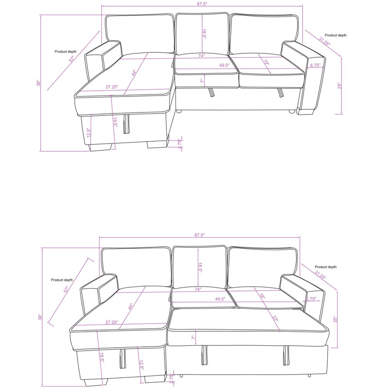 Clifford ariz Upholstered Corduroy Pull Out Reversible Sleeper Sofa bed & Storage Chaise, Brown Corduroy