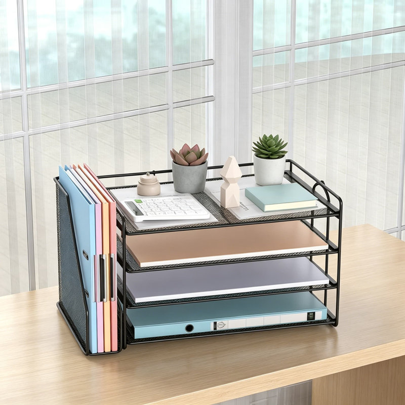 Organisateur de papier en métal à 4 niveaux avec porte-revues, organisateur de dossiers de bureau pour fournitures de bureau, espace de travail robuste pour les documents, les dossiers et les accessoires de format A4