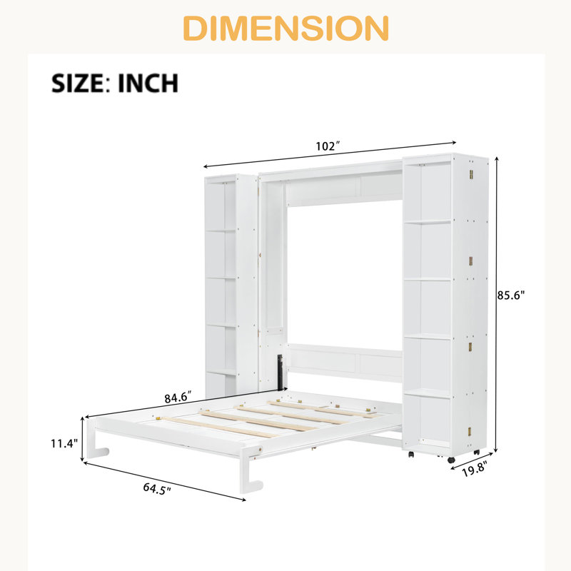 Queen Murphy Bed Wall Bed With Storage Doors, White