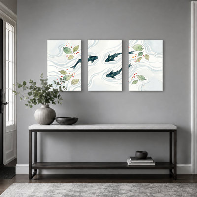 «Three Koi Fish in Flowing Water with Leaves», ensemble de 3 toiles murales