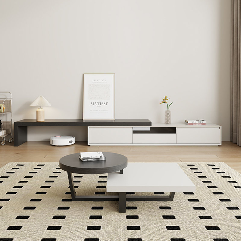 Simple Style Adjustable Solid Wood TV Stand, 70.86", Black/White